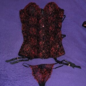 Savage X Fenty Black and Red Lace Bustier Set